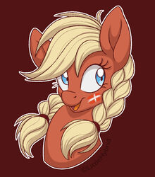  2021 blonde_hair blue_eyes braided_hair danish_flag dannebrog equid equine female hair hasbro headshot_portrait horse littlehybridshila looking_aside mammal my_little_pony open_mouth pony portrait red_background simple_background smile solo valkyria_(littlehybridshila) 