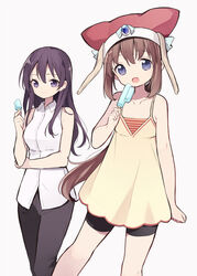  2girls :d bare_arms bare_shoulders bike_shorts black_pants black_shorts blue_eyes breasts brown_dress brown_hair character_request closed_mouth collarbone collared_shirt commentary_request double_popsicle dress dress_shirt food grey_background hair_between_eyes hat highres holding holding_food itsumi_(itumiyuo) low_ponytail medium_breasts multiple_girls nelly_virsaladze open_mouth pants ponytail popsicle purple_eyes purple_hair red_headwear saki_(manga) shirt short_shorts shorts shorts_under_dress sidelocks simple_background sleeveless sleeveless_dress sleeveless_shirt smile striped unequal_popsicle_division white_shirt 