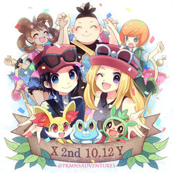  2girls 3boys :&gt; :d black_hair blonde_hair blue_eyes brown_hair calem_(pokemon) chespin closed_mouth cocoloco commentary_request confetti copyright_name eyewear_on_headwear fennekin froakie hat leaf lowres multiple_boys multiple_girls open_mouth orange_hair pink_headwear pokemon pokemon_(creature) pokemon_xy purple_eyes serena_(pokemon) shauna_(pokemon) smile starter_pokemon_trio sunglasses tierno_(pokemon) tongue trevor_(pokemon) watermark 