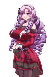  absurdres bare_shoulders black_gloves blush breasts dress drill_hair female gloves highres hyakumantenbara_salome hyakumantenbara_salome_(1st_costume) large_breasts light_purple_hair long_hair looking_at_viewer nijisanji off-shoulder_dress off_shoulder open_mouth parted_bangs purple_eyes red_dress smile solo thighhighs torahime_(roland00) virtual_youtuber 