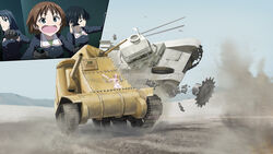  3girls action autism_wanderer bad_id bad_pixiv_id black_eyes black_gloves black_hair blue_eyes blue_sky brown_hair clear_sky commentary day driving dust_cloud emblem frown girls_und_panzer gloves headphones headphones_around_neck highres inset m3_lee military military_vehicle motion_blur motor_vehicle multiple_girls oerba_yun_fang ooarai_military_uniform open_mouth outdoors panzer_ii rabbit sakaguchi_karina sky smoke tank tank_interior utsugi_yuuki yamagou_ayumi 