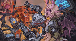  2girls armpitcore420 bisected black_eyes blonde_hair bodysuit breasts cable colored_skin commission cosplay demon_girl demon_horns english_commentary fangs fighting grapple_pilot_(titanfall_2) green_bodysuit hair_behind_ear highres horns long_pointy_ears mecha medium_breasts monitor multicolored_hair multiple_girls open_mouth original pilot_(titanfall_2) pilot_(titanfall_2)_(cosplay) pilot_suit pink_eyes pointy_ears purple_skin red_hair robot ronin_(titanfall_2) science_fiction scorch_(titanfall_2) skin-covered_horns smile solid_eyes streaked_hair titan_(titanfall) titanfall_(series) titanfall_2 