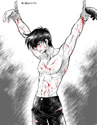  1boy black_gloves black_hair bleeding blood bound bound_wrists commentary_request cowboy_shot cuts gloves highres injury jigoku_sensei_nube looking_down male_focus muscular nipples nueno_meisuke pants pectorals photoshop_(medium) red_eyes reverse_ryona rope single_glove solo tied_up_(nonsexual) topless_male torn_clothes torn_pants wauwa 