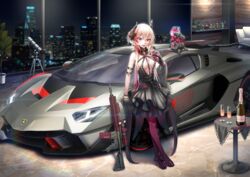  arm_support assault_rifle banana_(girls&#039;_frontline) bare_shoulders black_dress black_gloves blonde_hair bottle bow breasts building car champagne_flute cityscape commentary_request couch crossed_ankles cup dancing_wolf dinergate_(girls&#039;_frontline) dress drinking_glass female flower girls&#039;_frontline glint gloves gradient_legwear gun hair_between_eyes hair_flower hair_ornament half_gloves headgear high_heels highres holding holding_cup indoors lamborghini lamborghini_sc18_alston layered_dress long_hair looking_at_viewer m4_carbine m4_sopmod_ii m4_sopmod_ii_(devourer_of_the_feast)_(girls&#039;_frontline) m4_sopmod_ii_(girls&#039;_frontline) medium_breasts motor_vehicle multicolored_hair name_connection night non-humanoid_robot object_namesake oerba_yun_fang official_alternate_costume pantyhose parted_lips pink_bow pink_legwear pleated_dress pouring pouring_onto_self purple_eyes purple_legwear red_hair rifle robot shelf single_half_glove skyscraper sleeveless sleeveless_dress smile sports_car streaked_hair table telescope vehicle_focus very_long_hair weapon window 