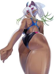  absurdres artist_name ass bare_arms bare_shoulders clenched_hand commentary_request competition_swimsuit dark-skinned_female dark_skin dutch_angle elf facial_mark female from_behind gradient_hair green_hair highres long_hair looking_at_viewer looking_back mi_mi_ham multicolored_hair one-piece_swimsuit open_mouth original pointy_ears purple_eyes rikka_(mi_mi_ham) shiny_skin sidelocks signature simple_background solo sweat sweatdrop swimsuit thighs tied_hair white_background 