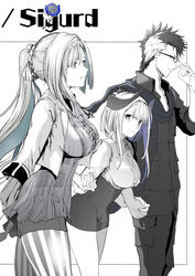  1boy 2girls ascot aslaug_(fate) boy_and_girl_sandwich braid breasts brynhildr_(fate) brynhildr_(traveling_outfit)_(fate) center_frills character_name collared_shirt crown_braid dress dress_shirt family fate/grand_order fate/prototype fate/prototype:_fragments_of_blue_and_silver fate:lost_einherjar fate_(series) father_and_daughter french_braid frills glasses highres historical_name_connection holding_hands horns husband_and_wife large_breasts long_hair long_sleeves mother_and_daughter multicolored_hair multiple_girls name_connection pantyhose ponytail sandwiched scarf shirt short_dress short_hair shorts sidelocks sigurd_(fate) sigurd_(memories_with_my_lover)_(fate) smile spiked_hair striped_clothes striped_pantyhose syatey thighhighs thighs trait_connection two-tone_hair vertical-striped_clothes vertical-striped_pantyhose very_long_hair 