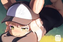  absurd_res ambiguous_gender anthro blush clothing digital_media_(artwork) fur hair hat headgear headwear hi_res hoodie laying_on_grass light made_in_abyss nanachi narehate relaxing skalelsky smug_expression solo sunlight tan_body tan_fur topwear white_hair yellow_eyes 