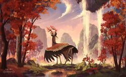  animal_ears animal_focus antlers artist_name autumn autumn_leaves clockbirds cloud commentary commission deer deer_ears deer_tail english_commentary falling_leaves feathered_wings gradient_sky highres horns lake leaf looking_afar making-of_available moss mountain no_humans orange_wings original pink_sky rock sky solo sunset tail tree watermark winged_animal wings 