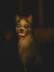  3:4 ambiguous_gender blood bodily_fluids creepy creepypasta fangs feral fur grey_body grey_fur grin hand_print hi_res jcm2_(artist) looking_at_viewer nightmare_fuel quadruped smile smile.dog solo teeth yellow_eyes 