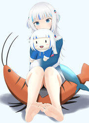  absurdres bare_legs barefoot black_panties blue_background blue_eyes blue_hair blue_hoodie blunt_bangs character_doll commentary ebi-chan_(gawr_gura) feet female fins fish_tail foot_focus foreshortening full_body gawr_gura gawr_gura_(1st_costume) grey_hair hair_ornament head_tilt highres hololive hololive_english hood hoodie legs_together long_hair looking_at_viewer multicolored_hair panties shadow shark_girl shark_hair_ornament shark_tail shiny_skin shrimp sidelocks sitting smol_gura soles solo streaked_hair tail tamagotozi3420 toes twitter_username two_side_up underwear virtual_youtuber 