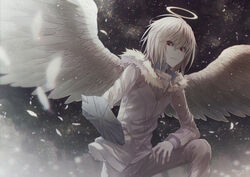  1boy accelerator_(toaru_majutsu_no_index) albino angel angel31424 angel_wings angry commentary_request energy energy_wings falling_feathers feathered_wings feathers fur_trim grey_theme halo jacket looking_down magic male_focus medium_hair pale_skin pants psychic red_eyes solo spread_wings toaru_majutsu_no_index toaru_majutsu_no_index:_old_testament v-shaped_eyebrows white_feathers white_hair white_halo white_jacket white_pants white_wings wings 