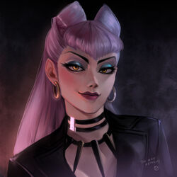  black_choker black_suit blue_eyeshadow business_suit center_opening choker close-up closed_mouth cone_hair_bun dark_background demon demon_girl earrings evelynn_(league_of_legends) evil_smile eyelashes eyeshadow female formal gold_earrings grey_hair hair_bun highres hoop_earrings jacket jewelry k/da_(league_of_legends) kaohom503 league_of_legends lips lipstick long_hair looking_at_viewer makeup necklace purple_lips seductive_smile smile smirk solo suit the_baddest_evelynn the_diva tooth_necklace white_hair yellow_eyes 