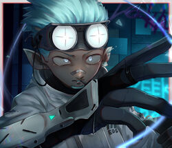  1boy aqua_hair arknights coat colored_sclera commentary_request dark_skin earrings ethan_(arknights) facial_hair gloves goatee goggles goggles_on_head graffiti grey_eyes grey_sclera jacket jewelry kako50 male_focus nose_tape originium_arts_(arknights) oversized_zipper pointy_ears rubber_gloves short_hair solo wall white_coat 