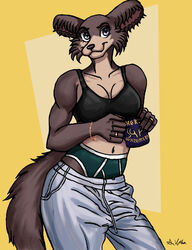  2021 5_fingers anthro beastars beverage black_bra black_clothing black_nose black_underwear bottomwear bra bracelet breasts briefs canid canine canis claws clothing coffee coffee_mug digit_ring female finger_claws fingers fur green_briefs green_clothing green_underwear grey_body grey_fur hi_res high_waisted_bottomwear high_waisted_panties holding_beverage holding_coffee_mug holding_object humanoid_hands jewelry juno_(beastars) looking_at_viewer mammal multicolored_body multicolored_fur navel pants pants_around_thighs pinup pose signature smile solo sweatpants tan_body tan_fur thelivingshadow training_bra two_tone_body two_tone_fur underwear wolf 