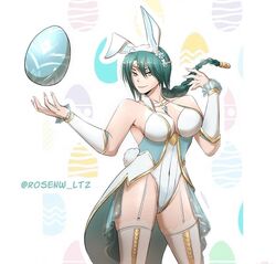  alternate_costume animal_ears artist_name bare_shoulders bracer braid braided_ponytail breasts choker circlet cleavage coattails cosplay cowboy_shot easter_egg egg female fire_emblem fire_emblem_heroes garter_straps gem gold_trim green_hair hair_ornament jewelry large_breasts leotard lips loki_(fire_emblem) loki_(fire_emblem)_(cosplay) loki_(spring)_(fire_emblem) long_hair looking_at_viewer mature_female playboy_bunny plunging_neckline rabbit_ears rosenw_ltz see-through simple_background single_braid smile solo thick_thighs thighhighs thighs thorr_(fire_emblem) yellow_eyes 