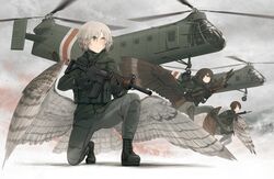  3girls aircraft assault_rifle asterisk_kome battle_rifle black_footwear black_gloves boots brown_eyes brown_hair brown_wings commentary_request feathered_wings fn_fal frances_royce full_body gloves green_jacket grey_eyes grey_hair grey_pants grey_wings gun helicopter heterochromia highres holding holding_weapon jacket landing load_bearing_vest long_hair military miriam_hawker multiple_girls on_one_knee orange_eyes pants piasecki_h-21 rifle scar scar_on_face short_hair signature sniper_rifle soldier weapon winged_fusiliers wings 