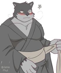  2021 anthro asian_clothing black_nose blush clothing countershading domestic_cat east_asian_clothing felid feline felis hi_res humanoid_hands jamiephut japanese_clothing kemono lagoon_lounge male mammal overweight overweight_male simple_background solo visual yamato_hitofumi 