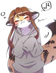  2021 absurd_res anthro baggy_clothing black_body black_fur blush brown_hair closed_eyes clothing english_text facial_markings felid female fur grey_clothing grey_hoodie grey_topwear hair head_markings hi_res hoodie kemono konatsu-chan long_hair mammal markings multicolored_ears multicolored_tail musical_note nachiwanko neck_tuft pantherine pink_nose signature simple_background smile solo tan_body tan_fur text tiger topwear tuft white_background white_body white_fur 