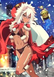  2girls azur_lane bikini bikini_under_clothes black_bikini blonde_hair blush bodypaint boots breasts cape cleavage comiket_101 commentary_request crossed_bangs dark-skinned_female dark_skin facepaint foot_out_of_frame fur-trimmed_gloves fur_trim gloves hair_between_eyes holding holding_sack hood hood_up long_hair looking_at_viewer medium_breasts minneapolis_(azur_lane) minneapolis_(holy_night_ride)_(azur_lane) multiple_girls murasaki_tsutsuji navel official_alternate_costume open_mouth outdoors red_cape red_eyes red_footwear red_gloves sack side-tie_bikini_bottom sled snowflakes snowing solo_focus stomach swimsuit tattoo tribal_tattoo white_hair 