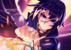  1boy alfred_(knights_chronicle) artist_name blue_eyes blue_hair cape character_name commentary_request copyright_name ctiahao fingerless_gloves gloves knights_chronicle lamp male_focus solo upper_body 