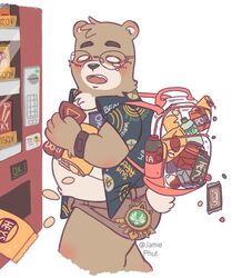  2021 anthro backpack bear belly bodily_fluids bottomwear brown_body brown_fur candy chips_(food) chocolate clothing dessert eyewear food fur glasses hi_res humanoid_hands jamiephut kemono male mammal overweight overweight_male shirt shorts solo tears topwear vending_machine 