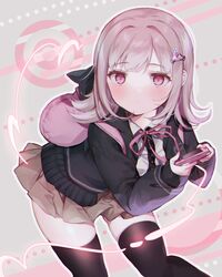  absurdres backpack bag bent_over black_jacket black_shirt black_thighhighs blush breasts collared_shirt commentary_request contrapposto danganronpa_(series) danganronpa_2:_goodbye_despair dress_shirt feet_out_of_frame female flipped_hair galaga hair_intakes hair_ornament handheld_game_console highres holding hood jacket long_sleeves looking_at_viewer medium_hair miniskirt nanami_chiaki neck_ribbon open_clothes open_jacket parted_lips pink_bag pink_eyes pink_hair pink_ribbon pleated_skirt ribbon shirt skirt solo spaceship_hair_ornament thighhighs usanta white_shirt zettai_ryouiki 