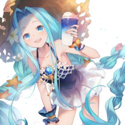  :d bare_shoulders blue_dress blue_eyes blue_hair braid brown_hat collarbone commentary_request cup dress female flower food forehead granblue_fantasy hair_flower hair_ornament hat holding holding_cup ice_cream ice_cream_float leaning_forward long_hair looking_at_viewer lyria_(daughter_of_pearl)_(granblue_fantasy) lyria_(granblue_fantasy) official_alternate_costume open_mouth parted_bangs shell_hair_ornament shinia single_wrist_cuff sleeveless sleeveless_dress smile solo starfish starfish_hair_ornament straw_hat swimsuit teeth twin_braids upper_teeth_only very_long_hair white_background white_flower wrist_cuffs 