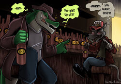  2022 5_fingers alligator alligatorid anthro bar_stool black_boots black_clothing black_footwear black_nose blue_bottomwear blue_clothing blue_pants boots bottle bottomwear brown_clothing brown_hat brown_headwear brown_topwear bubble buckteeth clothed clothing container cregon crocodile crocodilian crocodylid drunk drunk_bubble duo english_text fedora fingers footwear fully_clothed fur furniture gesture green_body green_clothing green_shirt green_topwear grey_body grey_fur hand_gesture hat headgear headwear jacob_&quot;moonshine&quot;_charlie male mammal monotone_body monotone_fur multicolored_body murid murine pants pointing pointing_at_another rat red_clothing red_topwear reptile rodent scalie shirt speech_bubble stool substance_intoxication teeth text topwear trucker_hat two_tone_body white_body white_clothing white_shirt white_topwear yellow_eyes yellow_sclera yuski 