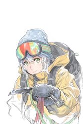  backpack bag beanie black_bag commentary_request female goggles goggles_on_head green_eyes hair_between_eyes hat hirooka_masaki holding holding_knife hood hood_down hooded_jacket jacket knife long_sleeves looking_at_viewer mittens original partially_colored simple_background smile solo upper_body white_background white_hair yellow_jacket zipper zipper_pull_tab 