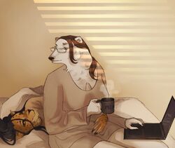  absurd_res anthro arcee_(li&#039;l_melon) arm_around_waist bastard_rat bear bed breasts cheetah cleavage clothed clothing computer container cup dreadlocks duo electronics eye_contact eyewear felid feline female fur furniture glasses hair hi_res hug laptop looking_at_another looking_back looking_down lying lying_on_bed mammal mug nicole_vozro_(li&#039;l_melon) on_bed oversized_clothing polar_bear ponytail slightly_chubby steam strays_in_paradise ursine white_body white_fur 