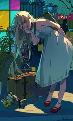  anklet arm_behind_back bent_over blonde_hair bouquet covering_own_mouth dress feline female flower guozimiao hand_on_own_face highres jewelry ladder long_hair looking_at_viewer night red_eyes red_footwear sakura-sou_no_pet_na_kanojo shiina_mashiro suitcase white_dress 