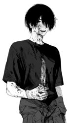  1boy blood clothes_around_waist dagger gloves greyscale hirota_tsuu holding holding_dagger holding_knife holding_weapon jacket jacket_around_waist knife looking_at_viewer male_focus monochrome original pants shirt short_hair short_sleeves simple_background smile solo weapon white_background 