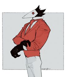  1boy beak bird_boy black_feathers coat deltarune feathers furry furry_male looking_to_the_side male_focus nagabe necktie pants red_coat red_eyes red_necktie shirt signature simple_background solo swatchling_(deltarune) white_pants white_shirt 