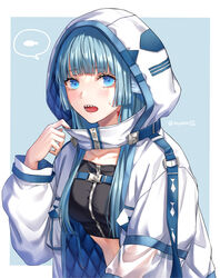  aqua_hair bad_id bad_twitter_id black_shirt blue_eyes border breasts crop_top female fins hand_up head_fins highres hood hooded_jacket jacket korean_commentary long_hair long_sleeves looking_at_viewer medium_breasts midriff open_clothes open_jacket open_mouth original see-through see-through_sleeves sharp_teeth shirt solo soyubee strap sweat teeth upper_body white_border white_jacket 