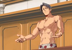  1boy abs black_eyes closed_mouth commentary courtroom curtained_hair english_commentary fingernails grey_hair gyakuten_saiban highres indoors male_focus male_underwear meme miles_edgeworth muscular muscular_male navel nipples oh_no_he&#039;s_hot_(meme) parody parted_bangs pectorals polka_dot polka_dot_underwear print_male_underwear raised_eyebrow short_hair smirk solo spongebob_squarepants_(series) topless_male underwear underwear_only white_male_underwear worvies 