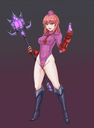  atelier_(series) atelier_rorona black_footwear blue_eyes boots breasts cammy_white cammy_white_(cosplay) chinese_commentary commentary_request corruption cosplay dark_persona female full_body garrison_cap hat highleg highleg_leotard highres impossible_clothes impossible_leotard leebigtree leotard long_hair md5_mismatch medium_breasts necktie purple_leotard red_eyes red_necktie ribbed_leotard rororina_fryxell shadaloo_dolls smile solo standing street_fighter street_fighter_zero_(series) tube wand 