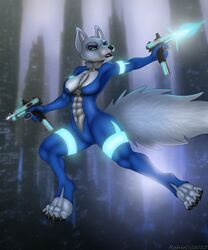  5:6 abs anthro breasts canid canine canis city cleavage clothed clothing cyberpunk digital_media_(artwork) domestic_dog dual female future futuristic glowing gun hi_res jumping leap mammal neon night pose rahir_(artist) ranged_weapon shooting skinsuit solo tight_clothing weapon wolf 