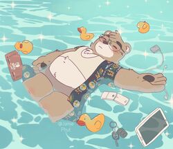  2021 anthro bear belly brown_body brown_fur closed_eyes clothing electronics eyewear fur game_console glasses hi_res humanoid_hands jamiephut kemono lying male mammal nintendo nintendo_switch overweight overweight_male phone rubber_duck shirt solo topwear water 