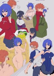 1boy 2girls absurdres bare_shoulders between_fingers black-framed_eyewear black_hair black_keys_(type-moon) black_thighhighs blood blue_dress blue_eyes blue_hair blush bodysuit breasts brown_eyes ciel_(tsukihime) clothing_cutout colored_skin cosplay dark_skin diamond_cutout dress emiya_shirou emiya_shirou_(prisma_illya) fate/kaleid_liner_prisma_illya fate_(series) glasses gloves hair_between_eyes hair_ornament hairclip highres holding holding_weapon kanshou_&amp;_bakuya_(fate) large_breasts long_hair long_sleeves miyu_edelfelt multicolored_hair multicolored_skin multiple_girls nasu_kinoko nosebleed orange_hair planted planted_sword powered_ciel raglan_sleeves red_hair red_scarf red_sweater ribbon scarf shirt shokobr short_hair sidelocks skirt sleeveless sleeveless_bodysuit sleeveless_dress small_breasts streaked_hair sweater sword thighhighs tohsaka_rin tohsaka_rin_(cosplay) tsukihime tsukihime_(remake) turtleneck two-tone_skin type-moon vest weapon white_hair yellow_eyes yellow_vest zettai_ryouiki 