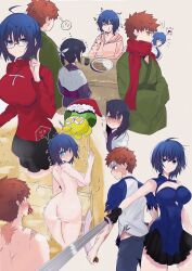  1boy 2girls absurdres bare_shoulders between_fingers black-framed_eyewear black_hair black_keys_(type-moon) black_thighhighs blood blue_dress blue_eyes blue_hair blush bodysuit breasts brown_eyes ciel_(tsukihime) clothing_cutout colored_skin cosplay dark_skin diamond_cutout dress emiya_shirou emiya_shirou_(prisma_illya) fate/kaleid_liner_prisma_illya fate_(series) glasses gloves hair_between_eyes hair_ornament hairclip highres holding holding_weapon kanshou_&amp;_bakuya_(fate) large_breasts long_hair long_sleeves miyu_edelfelt multicolored_hair multicolored_skin multiple_girls nasu_kinoko nosebleed orange_hair planted planted_sword powered_ciel raglan_sleeves red_hair red_scarf red_sweater ribbon scarf shirt shokobr short_hair sidelocks skirt sleeveless sleeveless_bodysuit sleeveless_dress small_breasts streaked_hair sweater sword thighhighs tohsaka_rin tohsaka_rin_(cosplay) tsukihime tsukihime_(remake) turtleneck two-tone_skin type-moon vest weapon white_hair yellow_eyes yellow_vest zettai_ryouiki 
