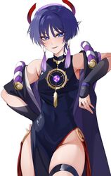  1boy black_shirt blue_eyes chobonu earrings genshin_impact hair_between_eyes highres japanese_clothes jewelry looking_at_viewer male_focus open_mouth purple_eyes purple_hair scaramouche_(genshin_impact) scaramouche_(shouki_no_kami)_(genshin_impact) shirt short_hair smile solo tassel tassel_earrings vision_(genshin_impact) white_background 