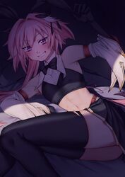  1boy animal_ears armpits astolfo_(fate) astolfo_(saber)_(fate) black_bow black_bowtie black_gloves black_skirt black_thighhighs bow bowtie crop_top detached_sleeves fake_animal_ears fate/grand_order fate_(series) feet_out_of_frame gloves grin hair_intakes highres hiyayaako long_hair looking_at_viewer lying male_focus navel on_side otoko_no_ko pink_eyes pink_hair pleated_skirt rabbit_ears skirt smile solo thighhighs thighs very_long_hair 