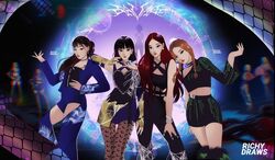  4girls aespa animal artist_name black_hair black_pants blunt_bangs braided_twintails choker closed_mouth cowboy_shot cross-laced_clothes cross-laced_top earrings english_commentary giselle_(aespa) hand_on_own_hip jewelry k-pop karina_(aespa) long_hair looking_at_viewer multiple_girls ningning_(aespa) pants pantyhose ponytail real_life red_hair richydraws shirt short_hair shorts single-shoulder_shirt snake twintails white_nails winter_(aespa) 