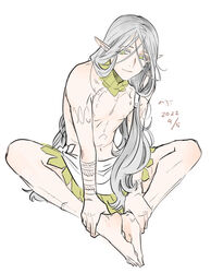  1boy arm_tattoo chest_tattoo dated dungeon_meshi elf full_body gorget green_eyes grey_hair hair_around_ear hair_tubes knees_apart_feet_together long_hair low_twintails lycion male_focus notched_ear pointy_ears shin_(ikntig1122) simple_background sitting sleeveless solo tattoo topless_male tunic twintails white_background 