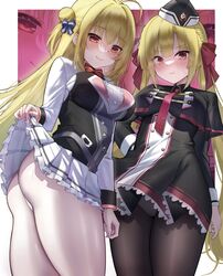  &gt;:) 2girls absurdres ahoge arihara_nanami arm_at_side ass black_capelet black_dress black_hat black_pantyhose blonde_hair blue_bow blunt_bangs blush border bow bowtie braid breasts bright_pupils capelet center_frills chinese_commentary closed_mouth clothes_lift commentary_request cowboy_shot crossover curvy double_bun dress eyelashes eyes_visible_through_hair fingernails floating_clothes frilled_dress frilled_skirt frills garrison_cap hair_bun hair_ribbon hairbow hamidashi_creative hand_on_own_hip hand_up hat highres impossible_clothes izumi_hiyori jihua_tong large_breasts lifting_own_clothes long_hair long_sleeves look-alike low_twintails miniskirt multiple_girls necktie panties panties_under_pantyhose panty_peek pantyhose pleated_skirt red_bow red_bowtie red_eyes red_necktie red_ribbon ribbon riddle_joker school_uniform seductive_smile shirt side-by-side side_braid simple_background skirt skirt_lift smile straight_hair thighs trait_connection tsurime twintails two_side_up underwear v-shaped_eyebrows very_long_hair white_border white_panties white_shirt white_skirt zoom_layer 