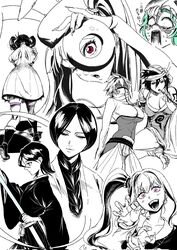  6+girls bleach braid breasts character_request cirucci_sanderwicci cleavage collarbone constricted_pupils covered_mouth dark-skinned_female dark_skin dokugamine_riruka drawing_sword fingernails front_braid green_hair greyscale hair_over_one_eye highres hiyayaako holding holding_sword holding_weapon japanese_clothes kimono kuchiki_rukia large_breasts long_fingernails long_hair looking_at_viewer monochrome multiple_girls nelliel_tu_odelschwanck open_mouth purple_eyes sharp_fingernails shiba_kuukaku side_ponytail spot_color sweat sword tearing_up thigh_strap tier_harribel twintails unohana_retsu weapon 