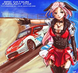  alternate_color animal_ears bikini black_gloves black_shirt black_thighhighs brown_eyes brown_hair car datsun elbow_gloves female fur-trimmed_shirt fur_trim garter_straps gloves goodyear highres hill laguna_seca_raceway long_hair looking_at_viewer motor_vehicle nismo nissan_370z nissan_fairlady_z nissan_fairlady_z_(syanago_collection) open_hand open_mouth pink_hair racetrack real_world_location red_bikini red_skirt shirt single_elbow_glove skirt smile solo sponsor swimsuit syanago_collection thighhighs thrux vehicle_and_personification vehicle_name very_long_hair 