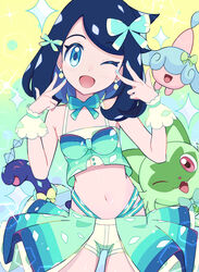  bare_shoulders black_hair closed_eyes cosplay crop_top earrings eyelashes fangs female frilled_skirt frills hair_ornament hairclip hat hatenna highres jewelry liko_(pokemon) lisia_(pokemon) lisia_(pokemon)_(cosplay) melilipo midriff multicolored_hair navel one_eye_closed open_mouth pokemon pokemon_(anime) pokemon_(creature) pokemon_horizons red_eyes ribbon shirt short_hair shorts skirt smile sprigatito stomach teeth terapagos terapagos_(normal) tongue 