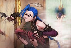  2girls absurdres against_wall anger_vein arcane:_league_of_legends arcane_jinx asymmetrical_bangs bare_shoulders black_gloves black_pants black_shirt blue_hair braid breasts caitlyn_(league_of_legends) english_text fingerless_gloves gloves grace_kim_(ryuuna) highres holding jinx_(league_of_legends) league_of_legends long_hair medium_breasts mirror multiple_girls nude pants pink_pants profanity shirt showering striped_clothes striped_pants torn_clothes torn_pants 