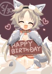  :d ^_^ animal_collar animal_ears animal_hands black_hairband blush breasts brown_background closed_eyes collar commentary_request cowboy_shot cream cream_on_body cream_on_face dated dog_ears dog_girl female food food_on_face gloves hairband happy_birthday heart highres holding holding_sign ibuki_(senran_kagura) large_breasts lets0020 light_brown_hair long_hair medium_bangs navel oerba_yun_fang open_mouth paw_gloves senran_kagura sign slingshot_swimsuit smile solo swimsuit whipped_cream white_slingshot_swimsuit 